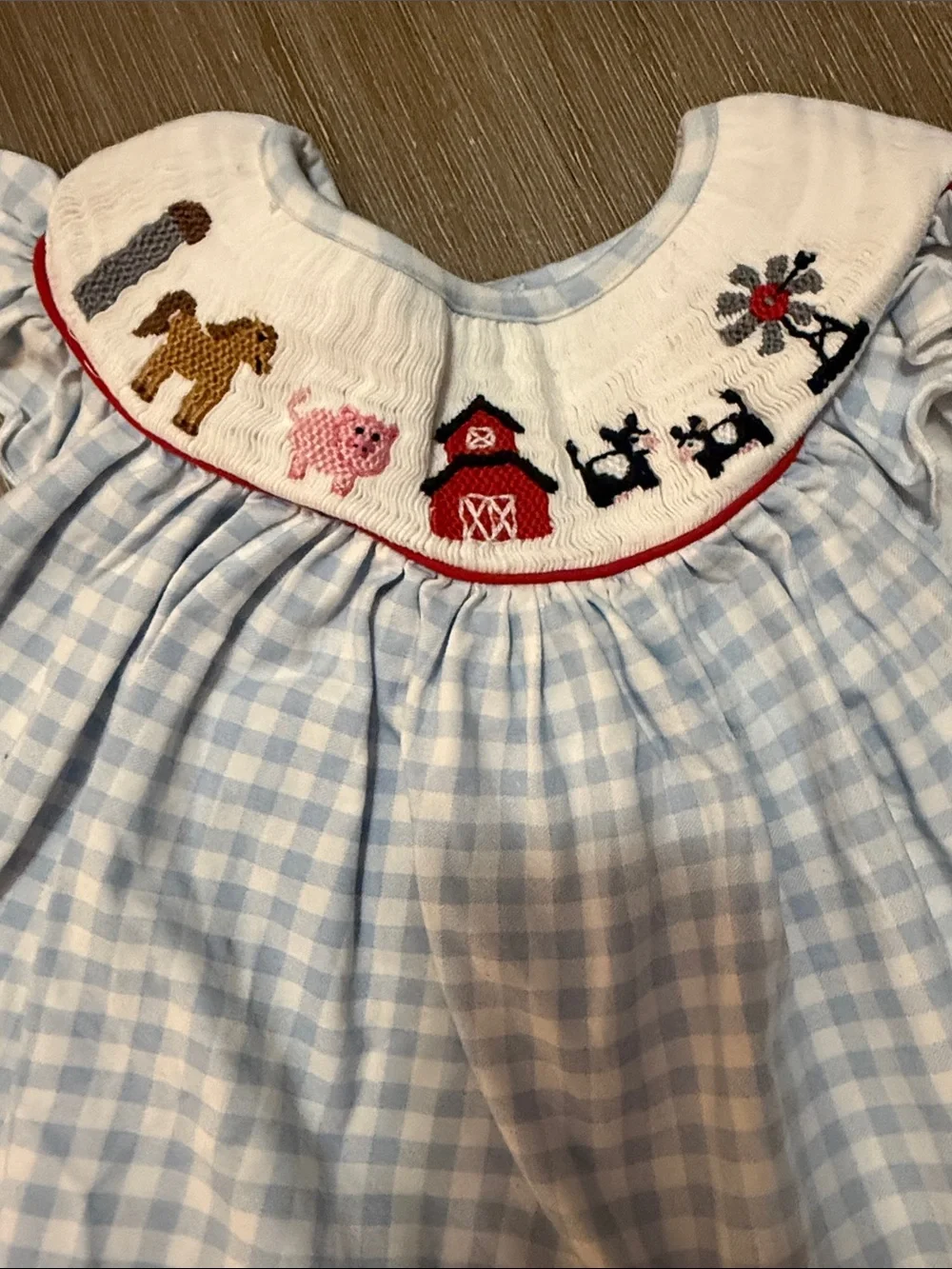Blue Gingham Smocked Farm Baby Dress with Red Bloomers